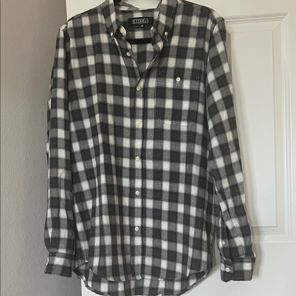 Men's Grey and White Checkered Shirt